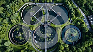 Aerial view of wastewater treatment plant, filtration of dirty or sewage water.