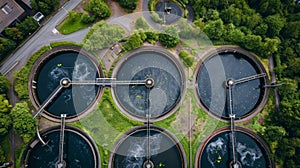 Aerial view of wastewater treatment plant, filtration of dirty or sewage water.