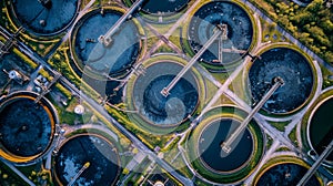 Aerial view of wastewater treatment plant, filtration of dirty or sewage water.