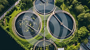 Aerial view of wastewater treatment plant, filtration of dirty or sewage water.