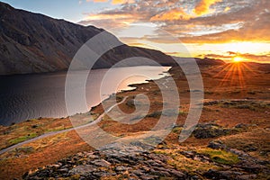 Aerial view of Wastwater with beautiful sunset clouds in sky. Lake District, UK.