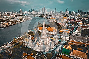 Aerial view of Wat Arun temple in Bangkok Thailand during lockdown covid quarantine