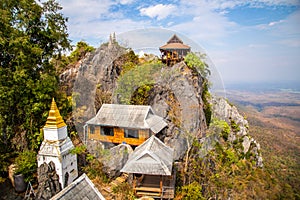 Aerial view of Wat Chaloem Phra Kiat Phrachomklao Rachanusorn, sky pagodas on top of mountain in Lampang Thailand