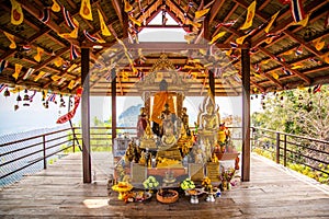 Aerial view of Wat Chaloem Phra Kiat Phrachomklao Rachanusorn, sky pagodas on top of mountain in Lampang Thailand