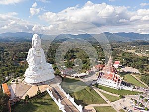 Aerial view of Wat huay pla kang famous place attractions for tourist in chiang rai .Guan Im statue in wat huay pla kang popular