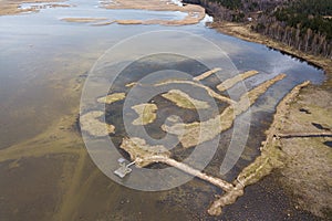 Aerial view of watching tower and islands in Engure lake, Latvia