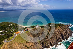 aerial view of Wategoes Beach at Byron Bay with lighthouse. The Photo was taken out of a Gyrocopter, Byron Bay, Queensland,