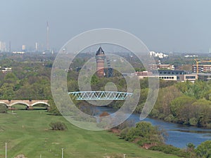 Aerial view of the water museum Aquarius in Muelheim Styrum, Duisburg in the background