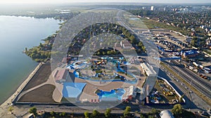 Aerial view of water park from above. Summer