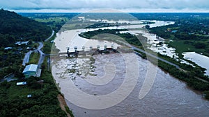 Aerial view of water released from the drainage channel of the concrete dam is a way of overflowing water in the rainy season. Top