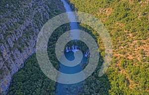 Aerial view of waterfall in canyon of the Krka River in Croatia