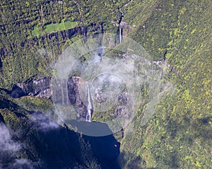 Aerial view of Waterfall La Cascade Blanche at island La Reunion