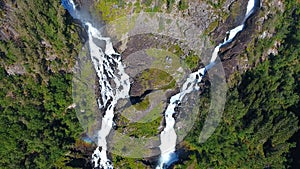Aerial view of Waterfall Latefossen at sunset lights in summer, Norway