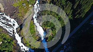 Aerial view of Waterfall Latefossen at sunset lights in summer, Norway