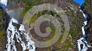 Aerial view of Waterfall Latefossen at sunset lights in summer, Norway