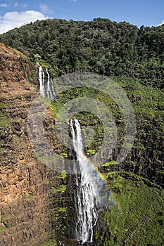 Aerial view of waterfall in Waimea Canyon, Kauai, Hawaii