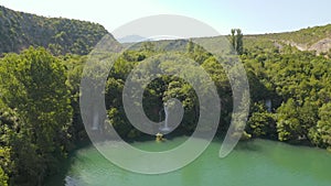 Aerial view of the waterfalls on the Brljan lake