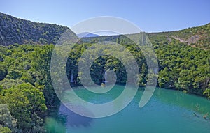 Aerial view of the waterfalls on the Brljan lake in canyon of Krka River