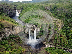 Aerial view of waterfalls in Chapada dos Veadeiros National Park in the state of Goias, Brazil