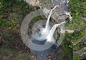 Aerial view of waterfalls in Chapada dos Veadeiros National Park in the state of Goias, Brazil