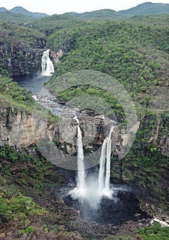 Aerial view of waterfalls in Chapada dos Veadeiros National Park in the state of Goias, Brazil