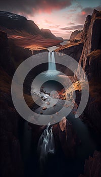 Aerial view of a waterfalls of a cliff at Sunrise. AI Generated illustration