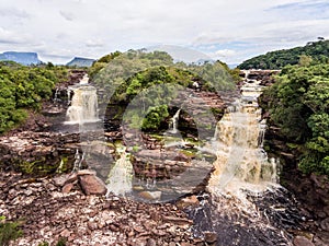 Aerial view of waterfalls at sunrise. Canaima National Park, Venezuela