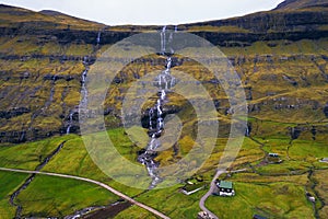 Aerial view of waterfalls in the village of Saksun on the Faroe islands