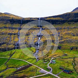 Aerial view of waterfalls in the village of Saksun on the Faroe islands