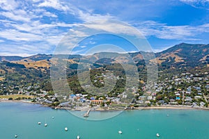 Aerial view of waterfront of Akaroa, New Zealand