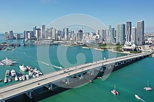 Aerial view of waterfront buildings on Intracoastal Waterway in Miami Florida.