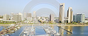 Aerial view waterfront Corpus Christi skylines and marina piers