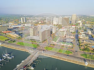 Aerial view waterfront Corpus Christi skylines and marina piers