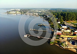 The aerial view of the waterfront home with private dock off Rehoboth Bay, Millsboro, Delaware, U.S