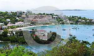 The aerial view of the waterfront hotels and resorts by Cruz Bay, St John, U.S Virgin Islands