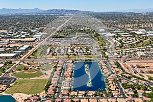 Aerial view of a waterski lake in Gilbert, Arizona photo