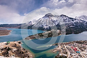 Aerial view of Waterton Lakes from the Bear`s Hump.