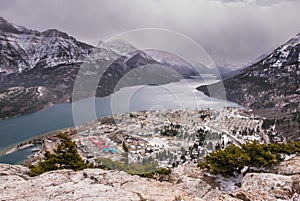 Aerial view of Waterton Lakes from the Bear`s Hump.