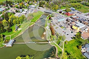 Aerial view of the waterwheel and park in New Hamburg, Ontario, Canada