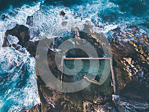 Aerial view of waves around Curl Curl rock pool