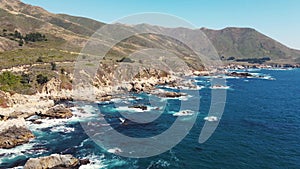 Aerial view of waves and rocks in Big Sur coastline