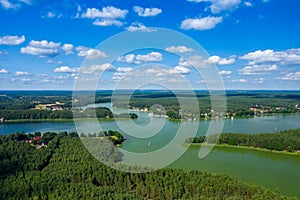 Aerial view of Wdzydze Landscape Park. Kashubian Landscape Park. Kaszuby. Wdzydze Kiszewskie. Poland. Bird eye view