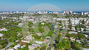 Aerial view of wealthy waterfront neighborhood in Fort Lauderdale city. Premium housing development. Expensive mansions