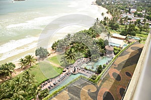 Aerial view of Weligama beach bay from the Weligama Bay Marriott Resort & Spa building Sri Lanka