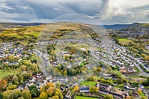 Aerial view of the Welsh Valleys town of Ebbw Vale after a heavy rainstorm