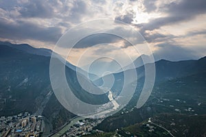 Aerial view of Wenchuan County, Aba Prefecture, Sichuan Province and nearby mountain villages