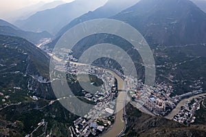 Aerial view of Wenchuan County, Aba Prefecture, Sichuan Province and nearby mountain villages