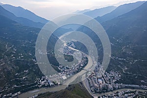 Aerial view of Wenchuan County, Aba Prefecture, Sichuan Province and nearby mountain villages