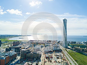 Aerial view of the west harbor area with the Turning Torso skyscraper in Malmo, Sweden