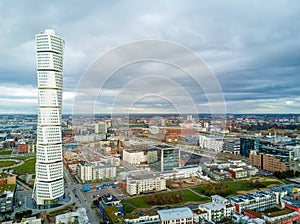 Aerial view of the west harbor area with the Turning Torso skyscraper in Malmo, Sweden